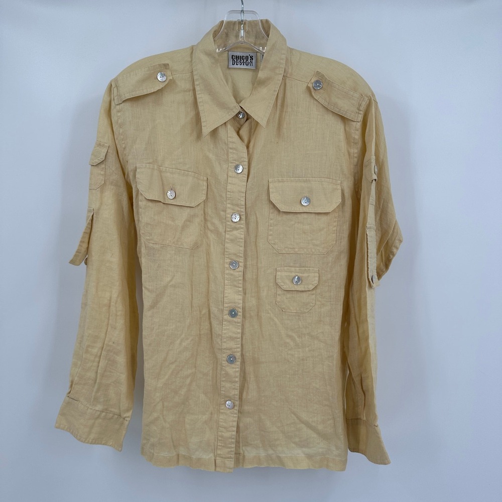 Chicos Design Womens Linen Safari Top Size 1 US M Utility Resort Minimalist